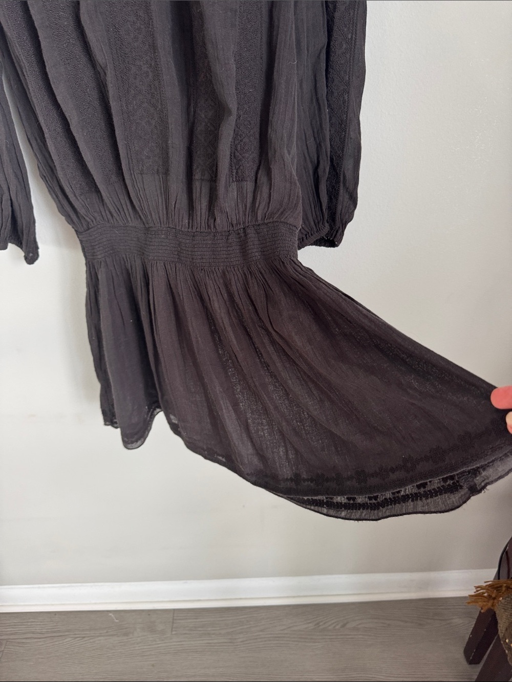 Star Mela Black Boho Peasant Mini Dress Size L Embroidered Sheer Long Sleeve - Picture 5 of 9